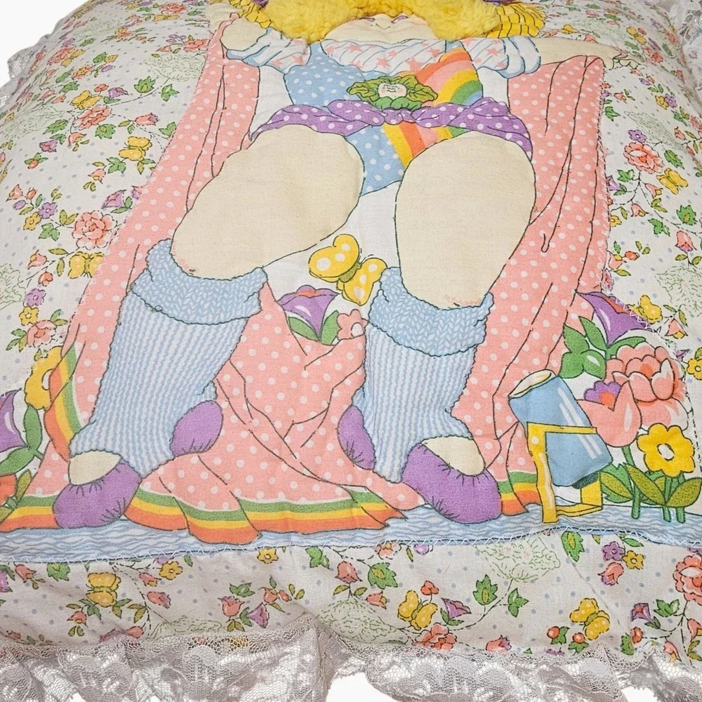 80s Cabbage Patch Kids Lace Trim Throw Pillow Handmade Floral Rainbow Cottage